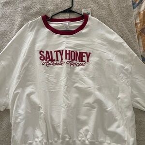 Salty Honey Women's White and Red Crew Neck Sweater